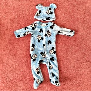Disney Baby Boy Blue Mickey Mouse Zip-Up Fleece Sleep N’ Play Pajamas+ Hat